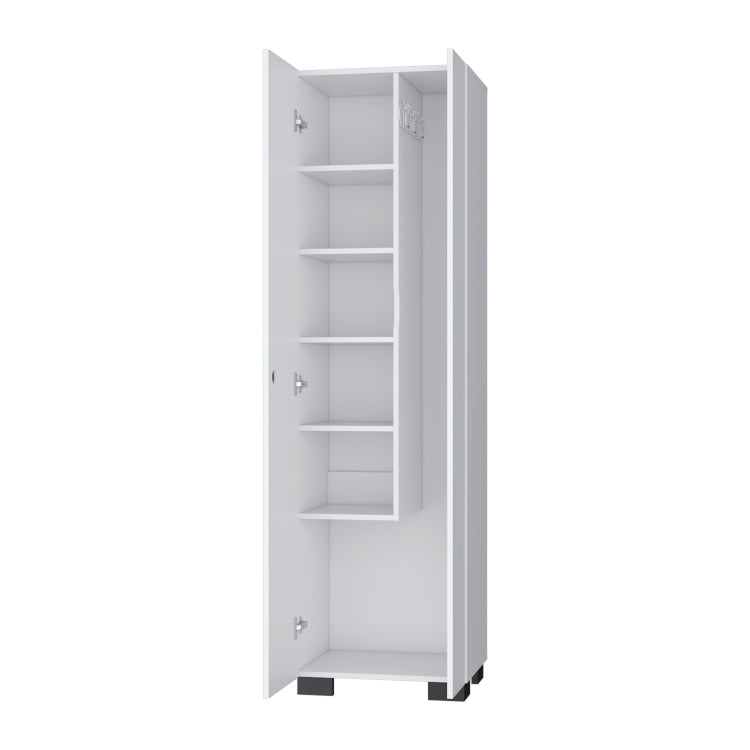 Aiken Broom Cabinet With Storage Shelves And Broom Hangers, White