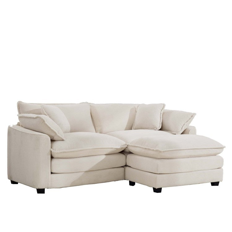 Corduroy Two Seater Sofa With 1 Footrest, L Shaped 2 Seater Sofa With Ottoman For Small Living Spaces, Light Beige Corduroy Sofa
