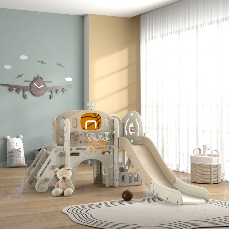 Qaba 7 In 1 Toddler Slide Playset, Kids Slide For Ages 1 6 Years With Ring Toss, Basketball Hoop, Telescope, Indoor Playground With Climber, Storage Space, Crawl Tunnel, Cream White