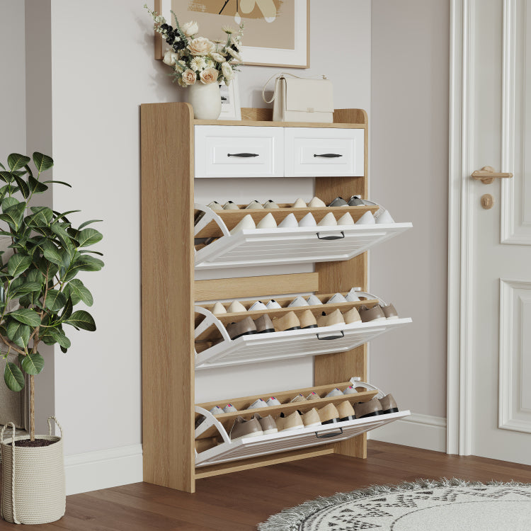 1250 White Oak Color Shoe Cabinet With 3 Doors 2 Drawers,Large Space For Storage
