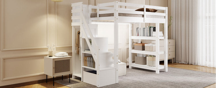 Twin Size Loft Bed With Shelves, Storage Staircase, Small Wardrobe And White Led Light, White