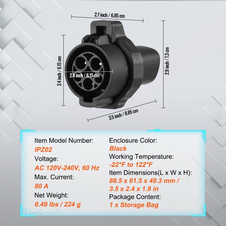 J1772 To Tesla Charger Adapter, 80 Amp 240V Ac, Sae J1772 Ev, With Storage Bag Anti Drop Lock Ip65 Tested To Ul Standards Material, Compatible With Tesla Model 3, Y, S, X