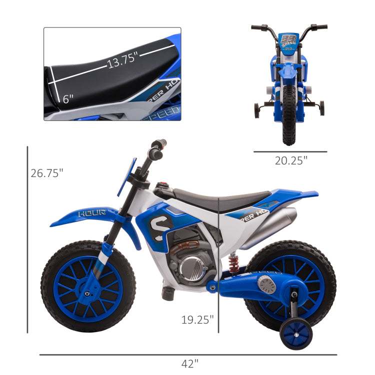 Aosom 12V Kids Motorcycle Dirt Bike Electric Battery Powered Ride On Toy Off Road Street Bike With Charging Battery, Training Wheels Blue