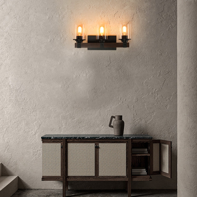 19" Rustic 3 Light Vanity Light, Industrial Bathroom Wall Sconce With Glass Shades And Wood Accent, Modern Farmhouse Lighting Fixture No Bulbs