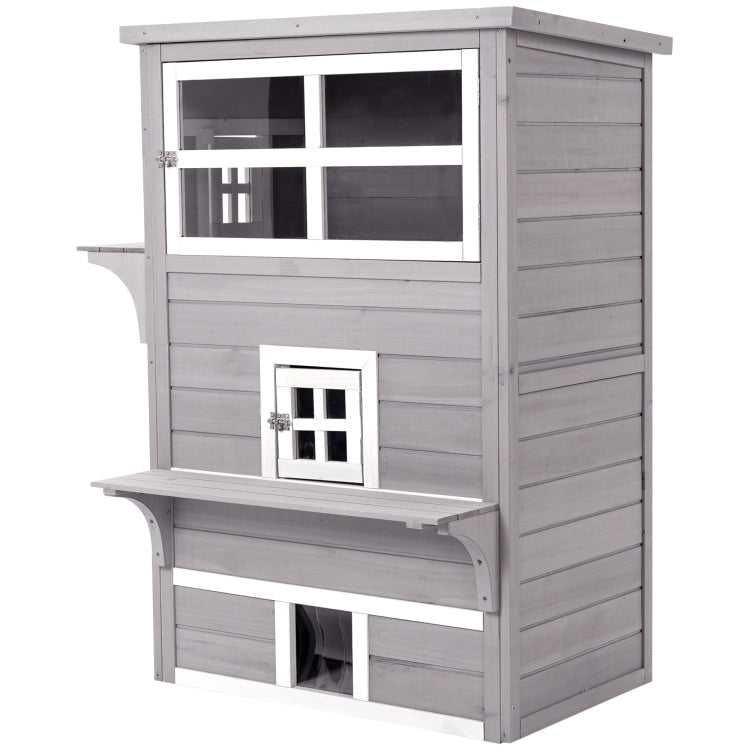 Pawhut 3 Story Cat House Feral Cat Shelter, Outdoor Kitten Condo With Raised Floor, Asphalt Roof, Escape Doors, Jumping Platforms, Grey