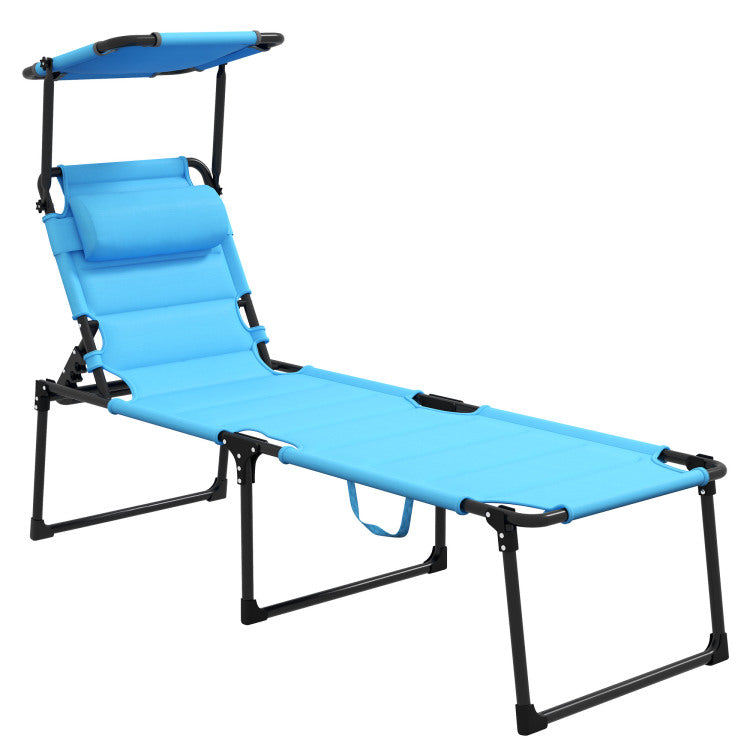Outsunny Outdoor Lounge Chair, Adjustable Backrest Folding Chaise Lounge, Cushioned Tanning Chair W Sunshade Roof & Pillow Headrest For Beach, Camping, Hiking, Light Blue