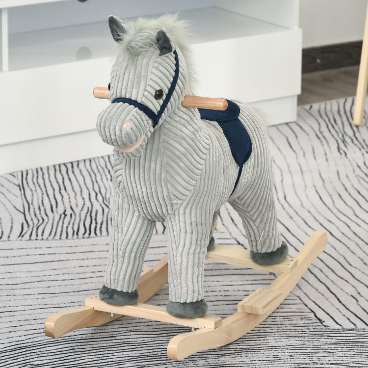 Qaba Kids Rocking Horse For Toddler 3 5, Plush Ride On Horse Wooden Rocker With Realistic Sounds, Gray
