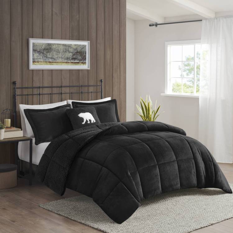 4 Piece Full Queen Plush To Sherpa Down Alternative Comforter Set,Black Black