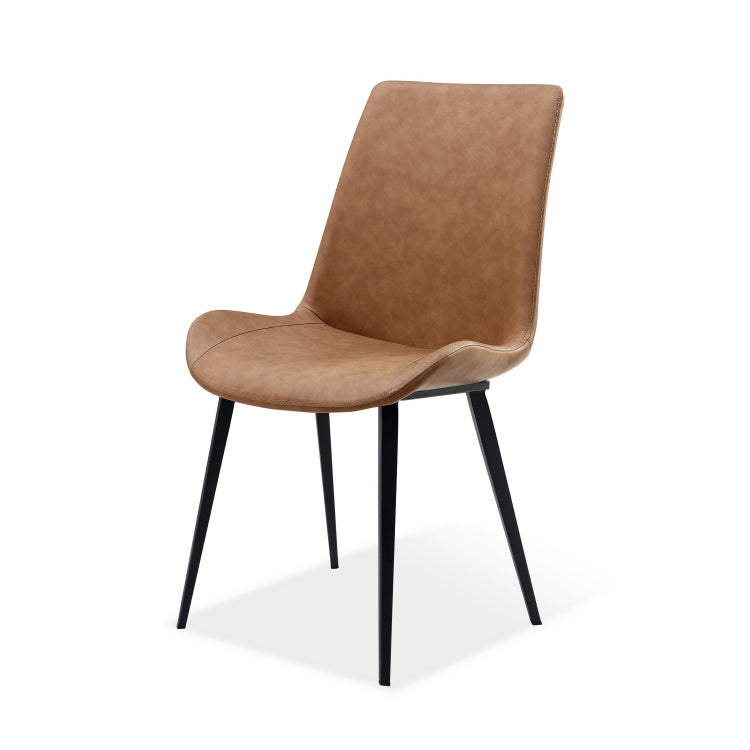 21 Inch Set Of 2 Dining Chairs, Brown Faux Leather, Angled Black Steel Legs