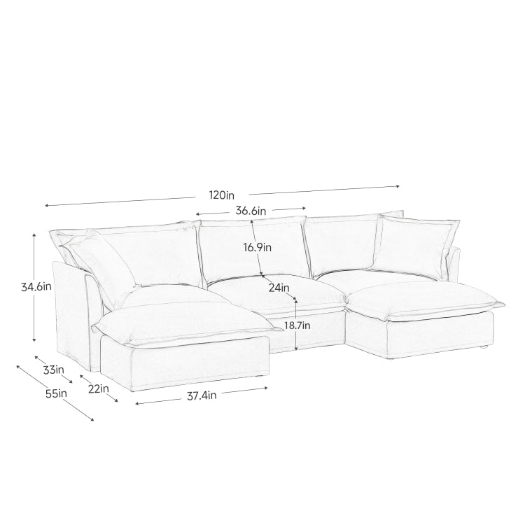 Slipcovered U Shape Sectional Deep Seat Sofa Couch, 3 Seater Sofa With French Edges Design Multiple Big Pillows, Modular Deep Seat Sectional Sofa Comfy Cloud Couch For Living Room