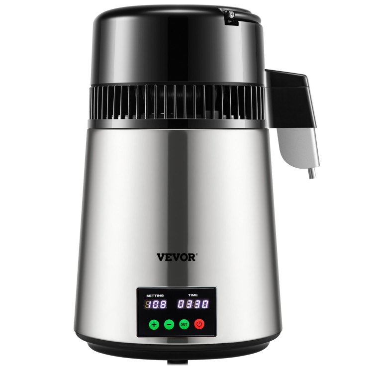 1.1 Gal Water Distiller, 0.3 Gal H, 750W Distilled Water Maker Machine 0 99H Timing Set Temp Display, 304 Stainless Steel Countertop Distiller Glass Carafe Cleaning Powder 3 Carbon Packs, Silver