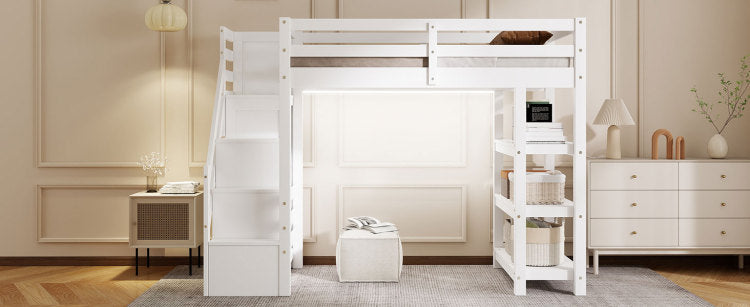 Twin Size Loft Bed With Shelves, Storage Staircase, Small Wardrobe And White Led Light, White