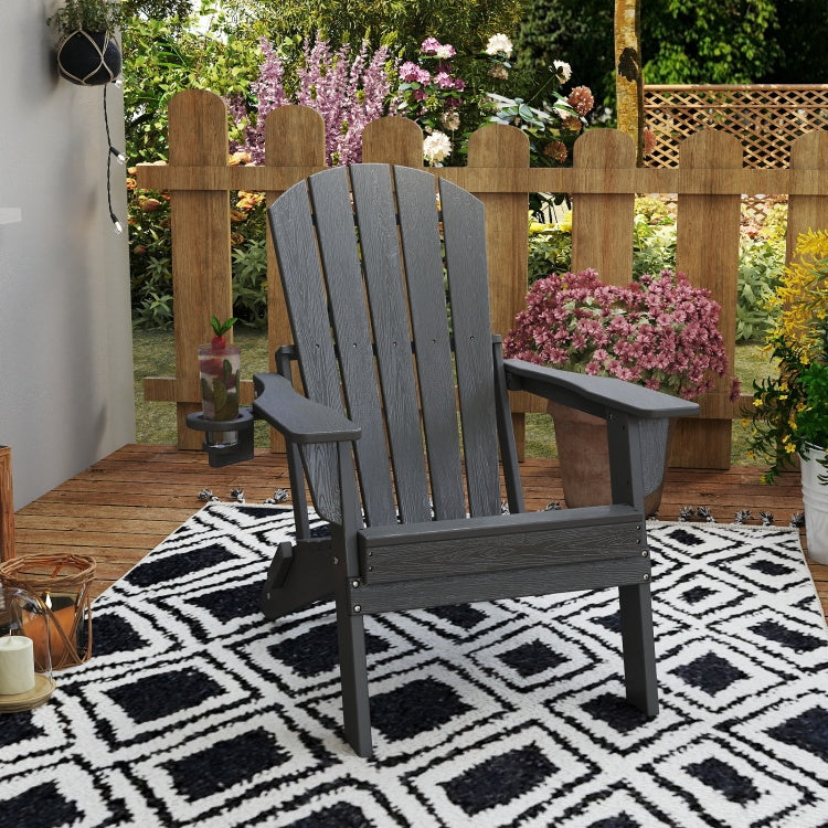 Hdpe Folding Adirondack Chair Wood Texture, Patio Adirondack Chair Weather Resistant, Plastic Fire Pit Chair With Cup Holder, Lawn Chair For Outdoor Porch Garden Backyard Deck