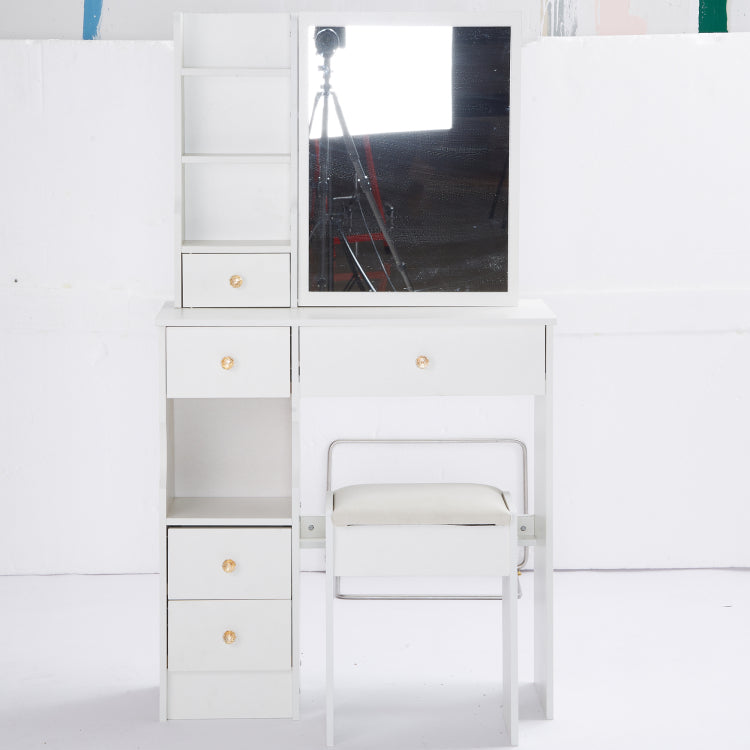 29.2" Small Space Left Drawer Desktop Vanity Table Cushioned Stool, Extra Large Right Sliding Mirror, Multi Layer High Capacity Storage, Practical Fashionable Dresser, Epa, Gcc, Ul Certificate