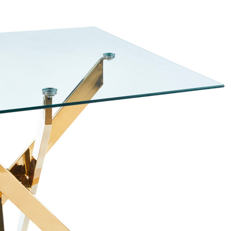 Dining Table With Cross Metal Leg And Tempered Glass,Modern Space Saving Kitchen Table For Living Room,Chrome Legs,Square Table,Golden Legs,90X90X75Cm