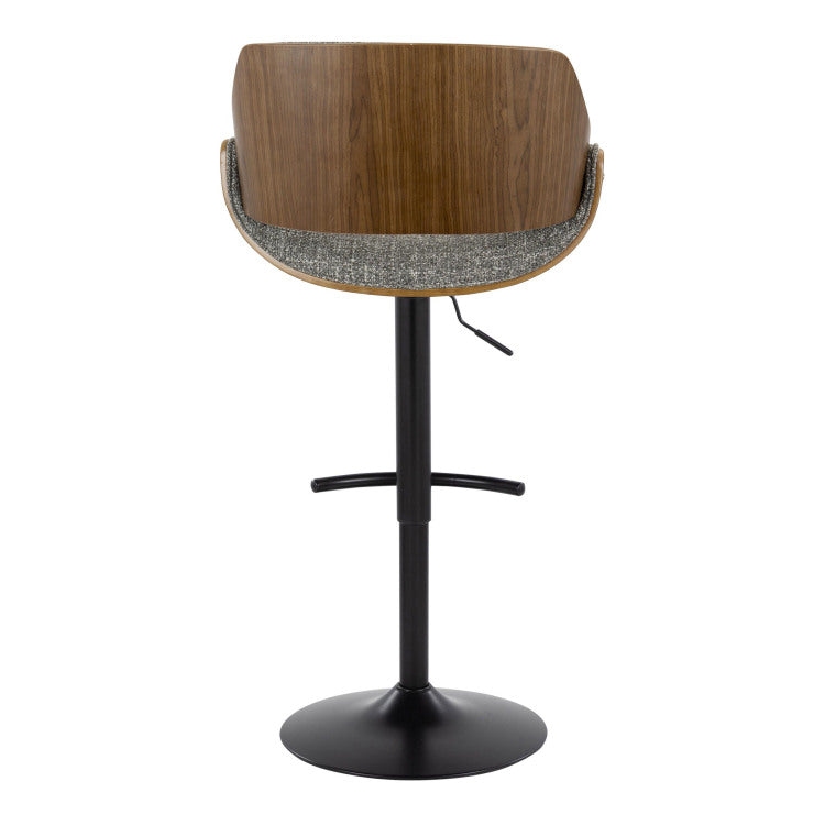 Mid Century Modern Adjustable Barstool In Walnut Wood, Black Metal And Noise Grey Fabric With Rounded T Footrest Set Of 2
