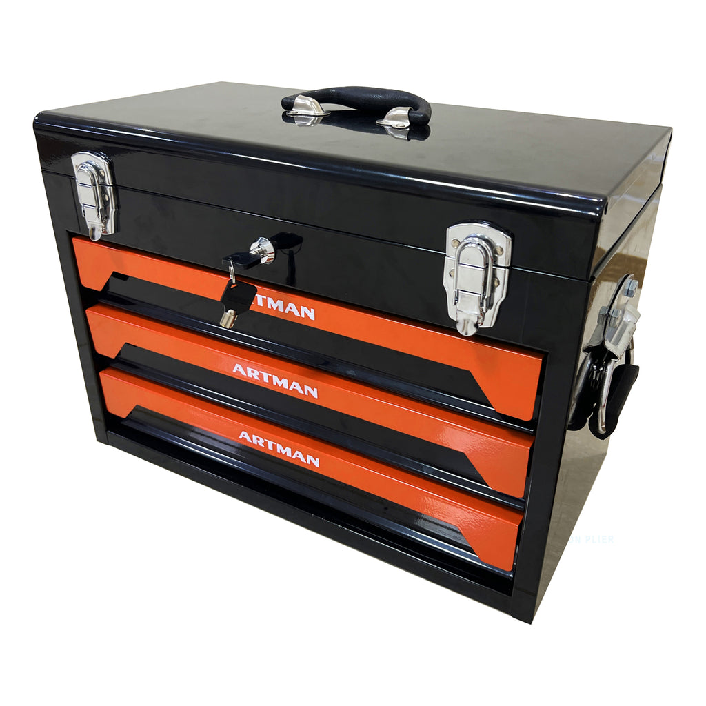 20'' Portable 3 Drawer Steel Toolbox, 4 Layers Of Tools With Metal Latches, With Top Storage Tray And Carrying Handle, Multi Function Tool Storage For Garage, Home, Or Workbench ,Black&Orange