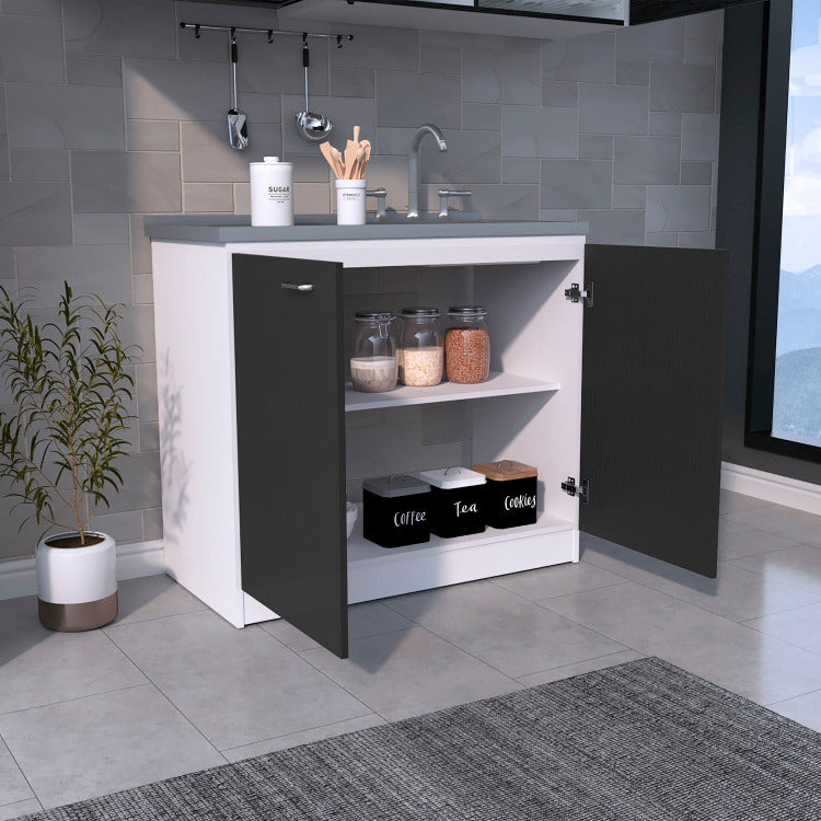 Freestanding Sink, Double Door Cabinet, Two Shelves, White Black