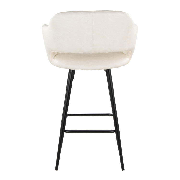 26" Contemporary Fixed Height Counter Stool In Black Metal And Cream Faux Leather With Square Black Metal Footrest Set Of 2