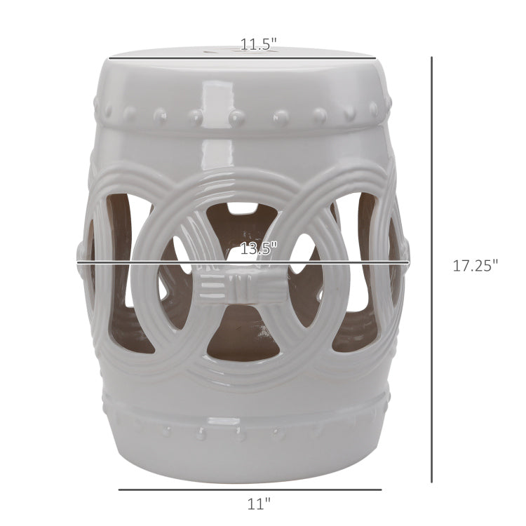Outsunny 14" X 17" Ceramic Garden Stool With Double Coin Knotted Ring Design & Strong Glazed Material, Decorative End Table, Home Collection, White