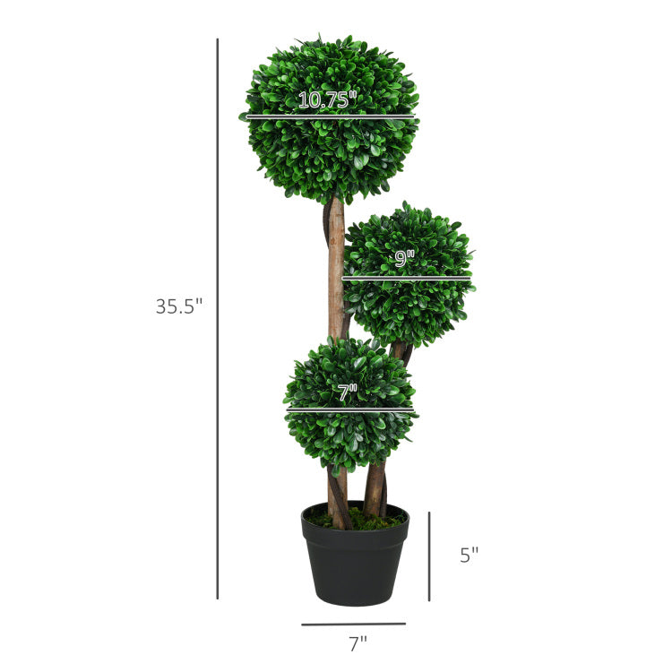 Homcom 3Ft 35.5" Artificial 3 Ball Boxwood Topiary Tree With Pot, Indoor Outdoor Fake Plant For Home Office, Living Room Decor