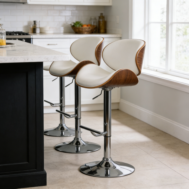 Modern Contemporary Swivel Walnut Bentwood Lift Adjustable Height Bar Stool With Curved Seat And Back White