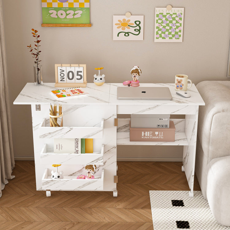 4 In 1 Folding Sewing Table With Lockable Wheels Multi Functional Craft Station, End Table, Computer Desk & Kitchen Storage With Shelves, White Rolling Sewing Machine Table For Apartments