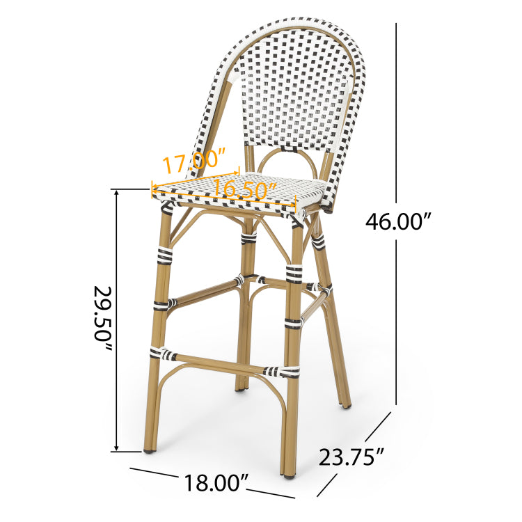 29.5" Outdoor Pe Rattan French Barstool, White And Black, Aluminum Frame With Bamboo Finish Set Of 2