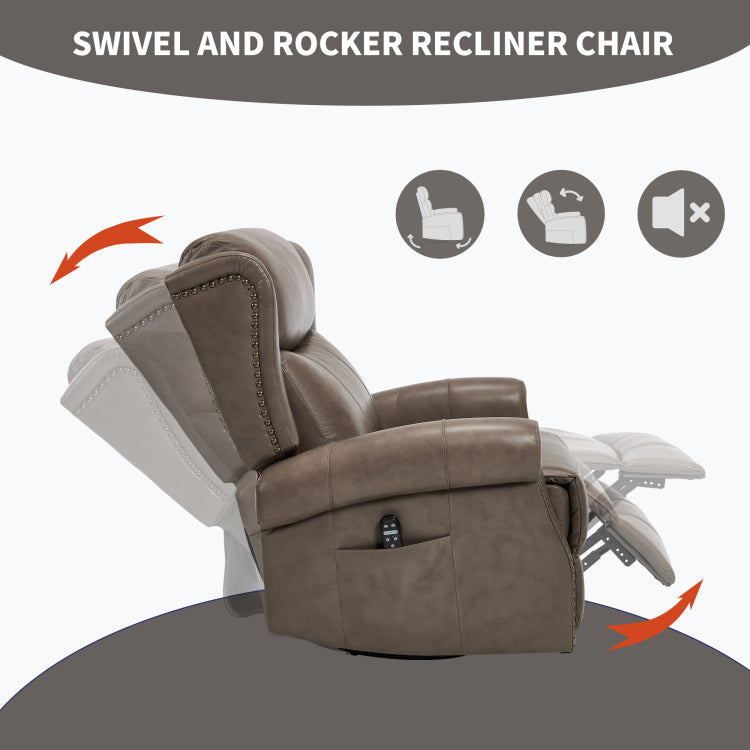 Heat Massage Manual Recliner Chair With Rocker And Swivel In Genuine Leather For Living Room