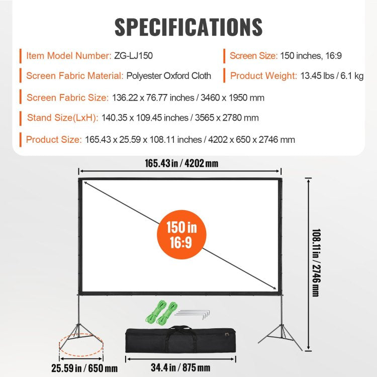 Projector Screen With Stand, 150 Inch 16:9 4K 1080 Hd Outdoor Movie Screen With Stand, Wrinkle Free Projection Screen With Tripods And Carry Bag, For Home Theater Cinema Backyard Movie Night