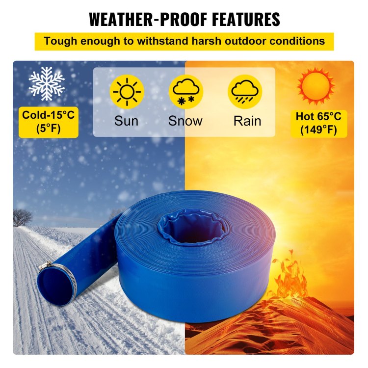 Discharge Hose, 2" X 105', Pvc Fabric Lay Flat Hose, Heavy Duty Backwash Drain Hose With Clamps, Weather Proof & Burst Proof, Ideal For Swimming Pool & Water Transfer, Blue