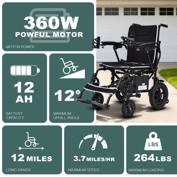 Lightweight Electric Wheelchair For Adults & Seniors Ultralight 36Lbs Foldable Power Wheelchairs, 264Lbs Loading Capacity, 12 Mile Long Travel Range, All Terrain, With Led Light & Cup Holder