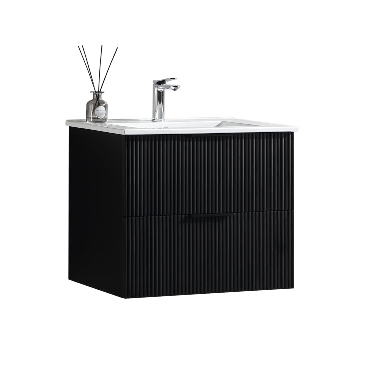 24 Inch Bathroom Vanity Cabinet With Ceramic Sink Black Wall Mounted Floating Fluted Vanity With Drawers, Modern