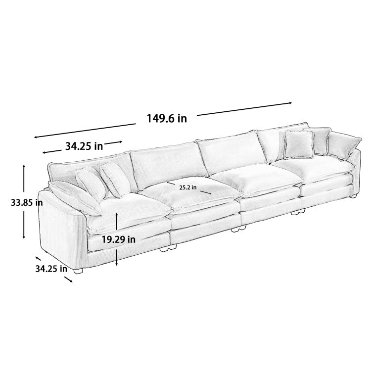 Modern Upholstered 4 Seater Fabric Sofa With Comfortable Back Cushions, Seat Cushions And Pillows, Light Beige Corduroy Sofa