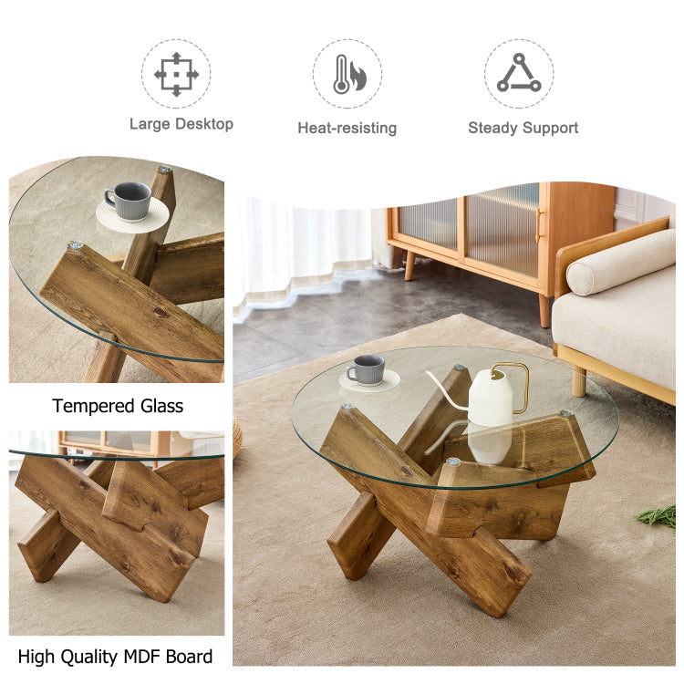 Circular Glass Coffee Table, 33.4 Inch Modern And Distinctive Design Tea Table. Tempered Glass Countertop, Wood Colored Mdf Table Legs. Suitable For Living Rooms And Farmhouses