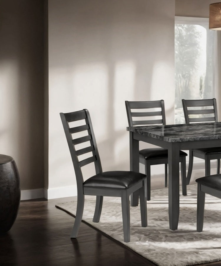 Simple Classic Dark Gray 7Pc Dining Set Faux Marble Top Dining Table 6Xside Chairs Fabric Seats Dining Room Furniture