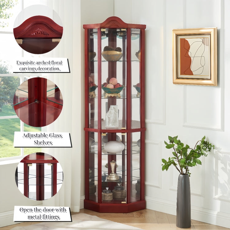 Glass Cabinet Lighted Corner Cabinet Corner Display Curio Cabinet, Glass Display With Light Included Bar Cabinet,Wine Cabinet With Adjustable Glass Shelves Carved Decoration Cherry Light Included