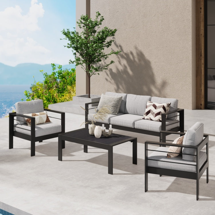 Patio Sofa Aluminum Outdoor Sofa With 3 Seats, All Weather Metal Outdoor Couch With 5" Thick And Soft Cushion Light Gray