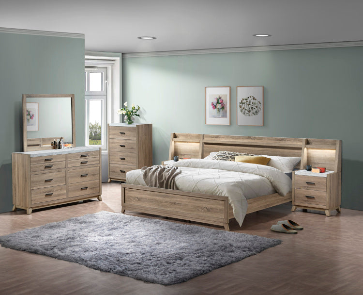1Pc Rustic Transitional Contemporary Nightstand Wall Panel Natural Brown Faux Stone Top W Led Light Bed Side Cabinet