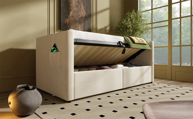 Upholstered Twin Size Daybed, Hydraulic Storage Twin Bed Frame With Usb & Type C Charging, Bed Frame With Wooden Slats And Tufted Sofa Back, Beige, Velvet Without Mattress