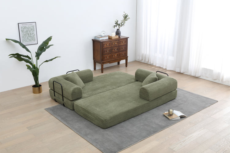 Convertible Sleeper Sofa Bed With Cylindrical Pillow Corduroy Folding Mattress Couch With Fixed Shape Frame For Living Room, Bedroom, Lounge, Studio Light Green