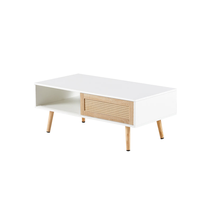 41.34" Rattan Coffee Table, Sliding Door For Storage, Solid Wood Legs, Modern Table For Living Room ,White