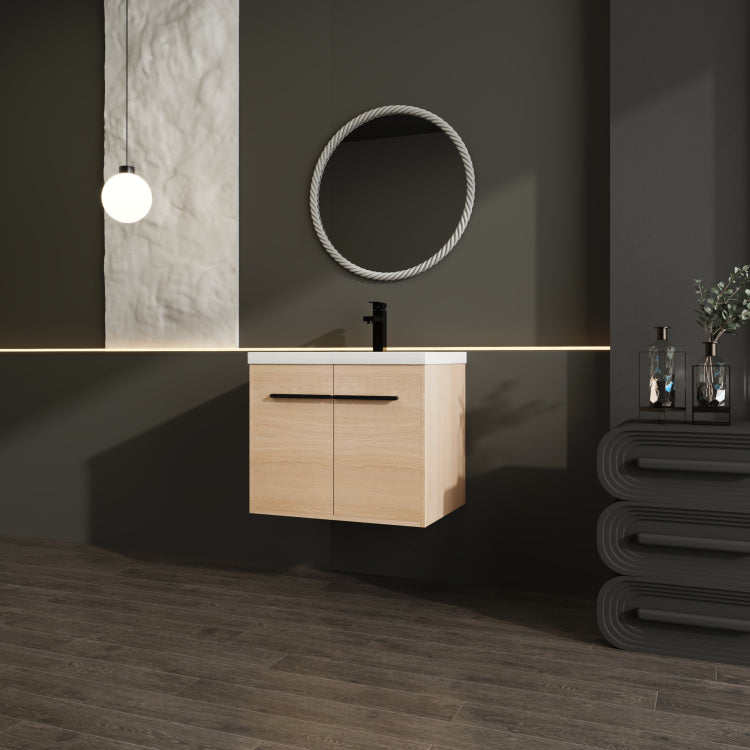 Oak 24 Inch Bathroom Vanity With Resin Countertop Sink, 2 Doors Bathroom Cabinet Set