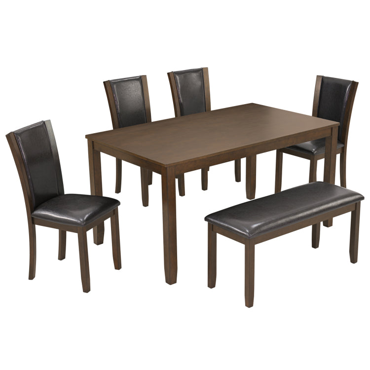 6 Piece Dining Table Set With Bench And Chairs, Wooden Dining Table Set For 6 People, Farmhouse Rustic Style 6 Person Dining Table Set For Dining Room, Kitchen, Dark Walnut