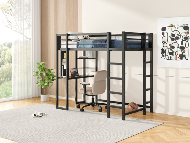 Loft Bed With Desk, Metal Loft Bed Twin Size, Loft Bed Frame With Desk And Storage Compatible With Boys Girls Teens, Black Bedroom Bed Frame