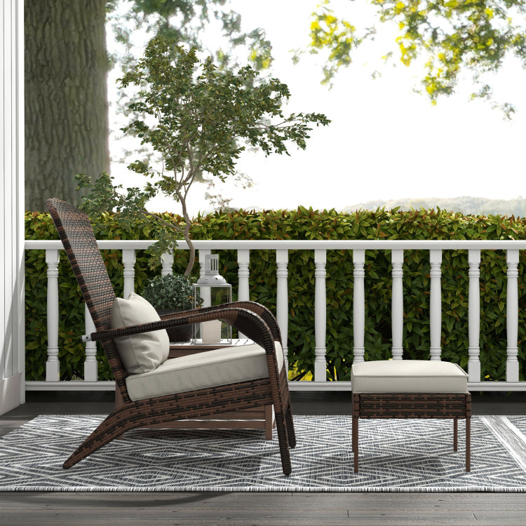 Outsunny Patio Wicker Adirondack Chair With Ottoman, Outdoor Fire Pit Chair With Cushions, High Back, Large Seat & Armrests For Deck, Garden & Backyard, Cream White