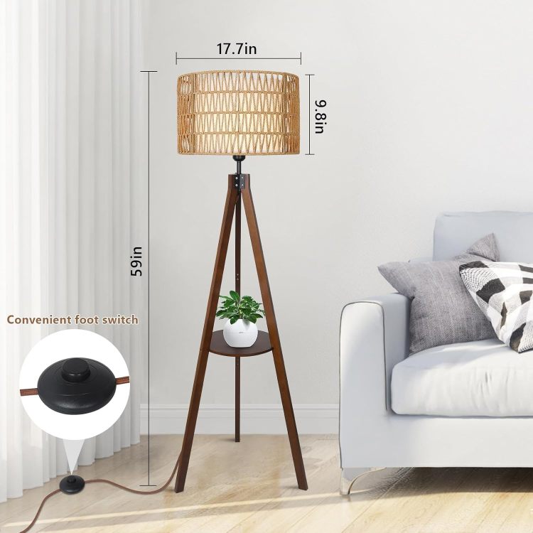 Boho Tripod Floor Lamp With Shelves, Mid Century Wood Standing Lamp With Rattan & Fabric Shades, On Off Foot Switch, Modern Farmhouse Tall Floor Lamps For Living Room Bedroom Office