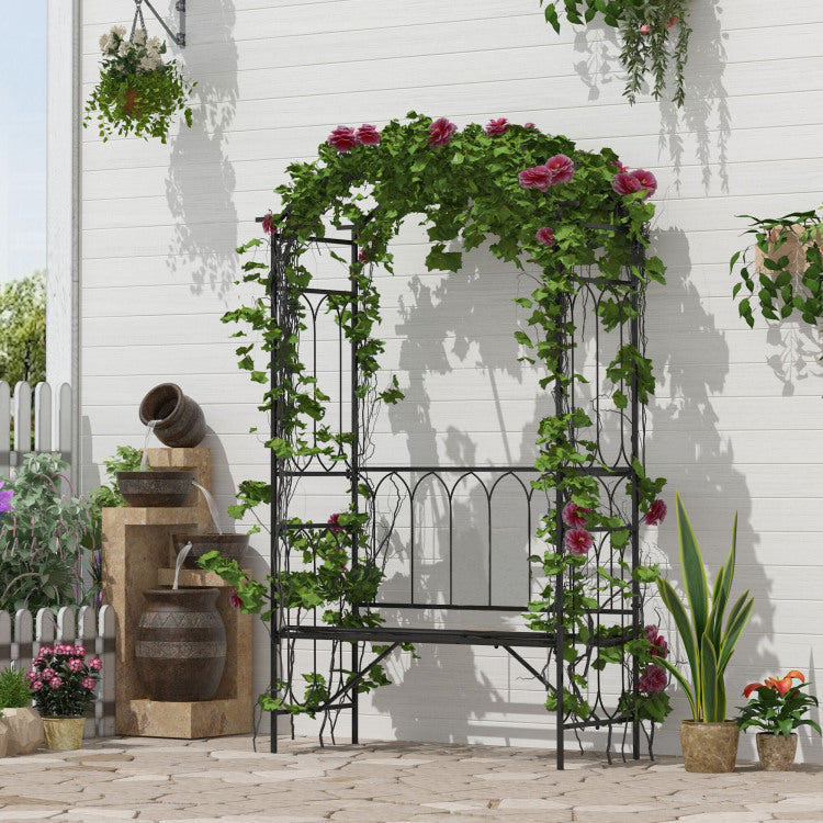 Outsunny Metal Trellis Arbor Arch For Climbing Plants With Garden Bench, Grow Grapes & Vines, Patio Decor & 2 Person Outdoor Steel Decorative Seating, 484 Lbs. Weight Capacity, Black