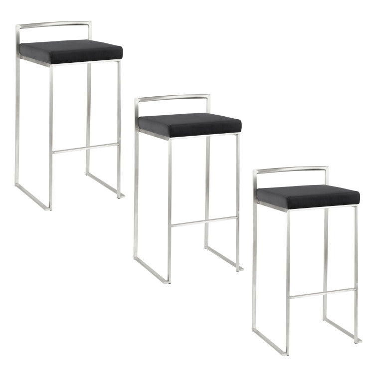 30" Contemporary Stackable Barstool With Black Faux Leather Set Of 3