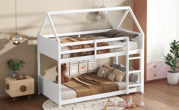 Twin Over Twin House Floor Bunk Bed With Headboards, Footboards And Guardrails, Ladder, Rubber Wood Bunk Bed With Safety Guardrails,White